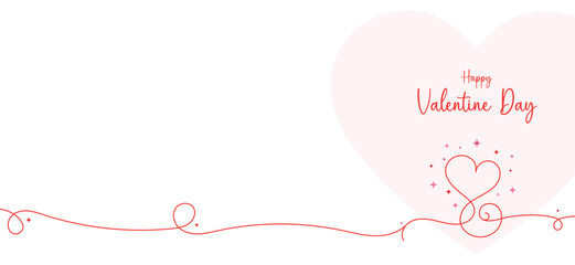 Happy Valentine's Day Header with Continuous Line Art Heart and Sparkles, Minimalist Romantic Banner with Copy Space on White Background, Elegant Love Greeting Vector Illustration