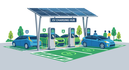 Electric cars charging at solar powered EV station