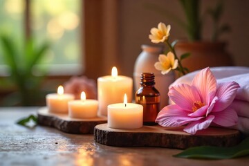 Relaxing spa scene with candles, essential oils, and fresh flowers, ready for a pampering treatment Perfect for wellness, self-care, and beauty industry marketing , hygiene, calm, therapy