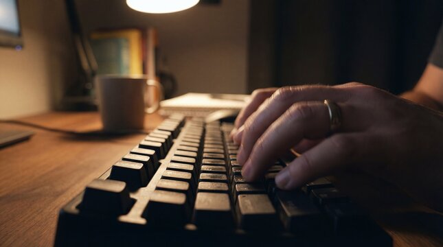A close-up view of hands typing intently on a keyboard, bathed in the soft glow of a desk lamp, offering a glimpse into a moment of focused work or creative expression. - Powered by Adobe