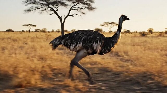 Ostrich Running Across Savannah &mdash; feathers and rapid strides