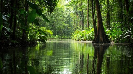 Tranquil Rainforest River Surrounded by Lush Green Vegetation