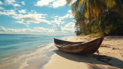 Serene Beach Scene with Wooden Boat and Tropical Palm Trees