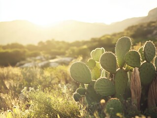 Sunlit Cactus Landscape in Nature with Mountains and Soft Glow