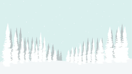 A pine forest in a snow-covered, foggy, and cold valley.