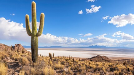 Majestic Cactus Silhouette Against Dramatic Sky and Salt Flat