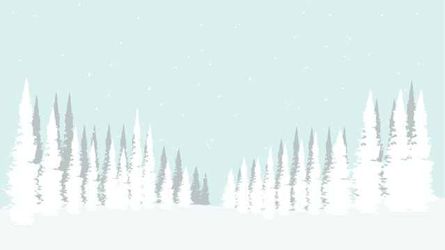 A pine forest in a snow-covered, foggy, and cold valley.