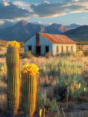 Rustic Abandoned House Surrounded by Cacti and Mountains