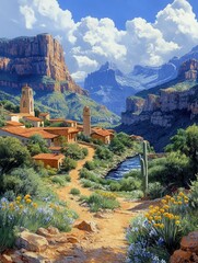 Scenic Mountain Valley Landscape with River and Vibrant Flora