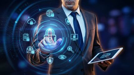 Businessman interacting with futuristic cybersecurity interface, symbolizing data protection and digital safety in a modern business setting.