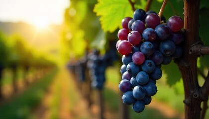 Rich, dark purple grapes hang heavy on the vine, ready for harvest at a picturesque winery Sunlight glints off their plump skins, promising a robust vintage , grapes, winemaking