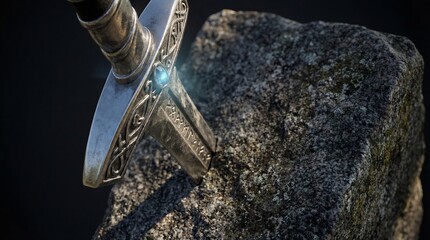 A mystical sword embedded in stone, its blade gleaming under a ray of light, evokes legends of power and destiny. The sword's ornate design, a testament to ancient craftsmanship.