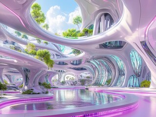 Futuristic Urban Landscape with Organic Architecture and Water Features
