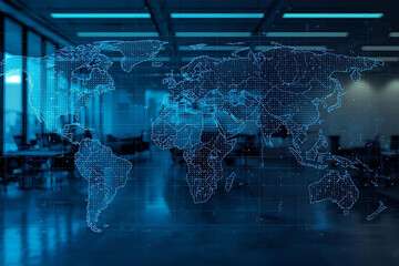 Blue Digital World Map with Glowing Data Points over Blurred Modern Office Interior Background