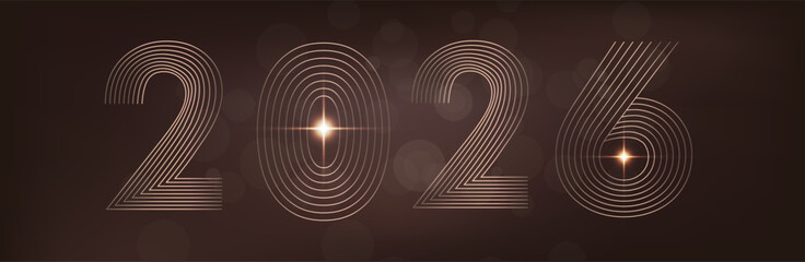 Happy new year 2026. Holiday greeting luxury card design. 3D Shiny gold realistic numbers isolated on dark brown background. 