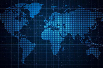 Blue Dotted World Map Graphic on Dark Technical Grid Background for Global Data Concept