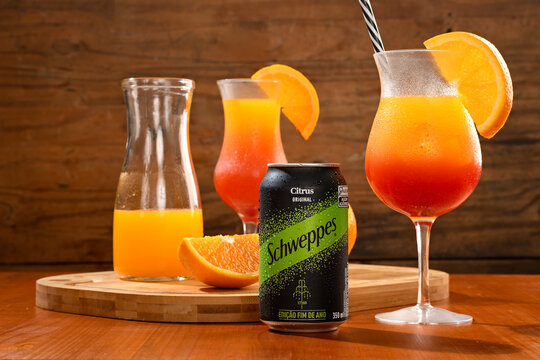 S&atilde;o Paulo, Brazil - December 19, 2025 - Vibrant citrus drinks and refreshing cocktails with Schweppes Citrus Original New Year's Edition in a can.