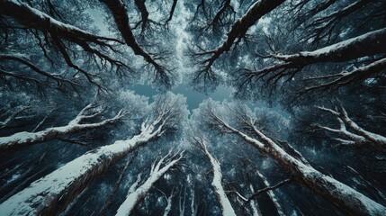 Serene Winter Forest Canopy with Snowy Tree Branches Above