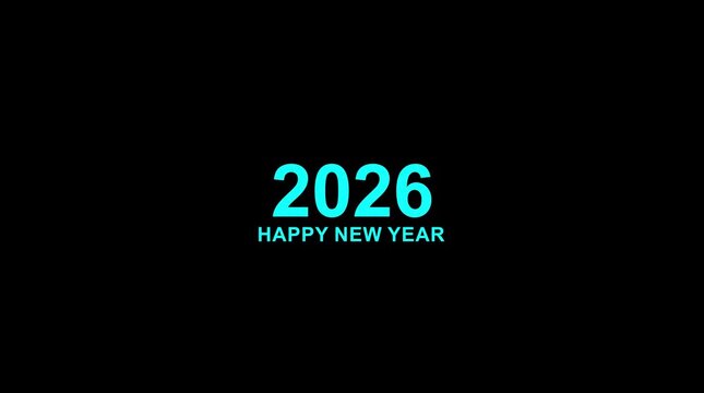 Dynamic scrolling progression animation of 2024 to 2026 Happy new years on a black background. Order number from the vertical past into the future era evolution time yearly ...