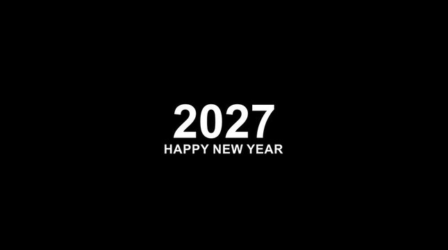 Dynamic scrolling progression animation of 2025 to 2027 Happy new years on a black background. Order number from the vertical past into the future era evolution time yearly ...