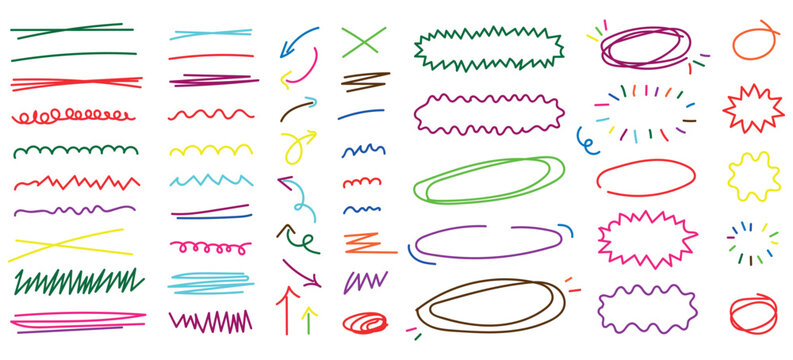 Vibrant handdrawn doodle design elements collection featuring various lines arrows and shapes for creative projects