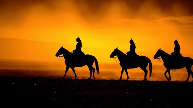 Three silhouettes of warriors riding horses during a golden sunset