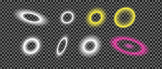 Set of glowing neon rings abstract light effects cosmic orbits magic portal elliptical shapes realistic vector illustration © VectoLab