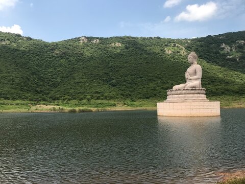 Ghora Katora Lake near Rajgir, Bihar, India, a Horse-Shaped Natural Lake Surrounded by Mountains and Lush Green Landscape