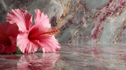 Pink hibiscus flowers on marble isolated