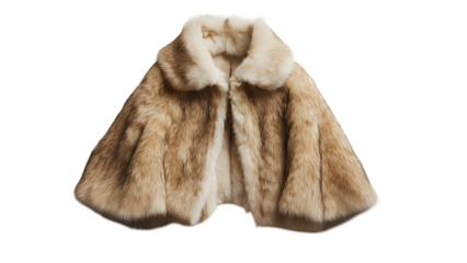 A luxurious fur coat with a collar laid out on a white surface for display purposes isolated on transparent background