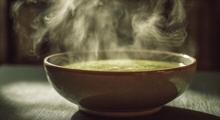 Vibrant Green Soup Steaming in a Cozy Bowl, Offering Comfort and Warmth.
