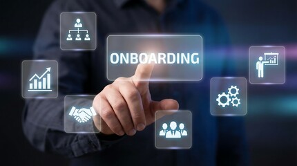 Obraz premium Businessman engaging with interactive onboarding interface, symbolizing employee engagement and digital transformation in a modern corporate setting.