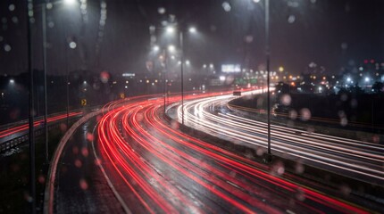 The mesmerizing trails of light painted across a wet highway during a rainstorm at night, where the glow of streetlights and car headlights create a beautiful contrast of a city highway at night.