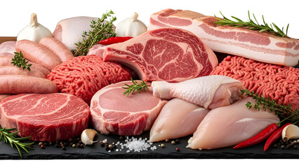Raw fresh meat assortment including steak, chicken, pork, and bacon isolated on white background.