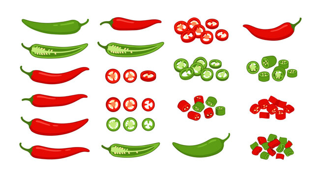 Red and green chili peppers whole and chopped