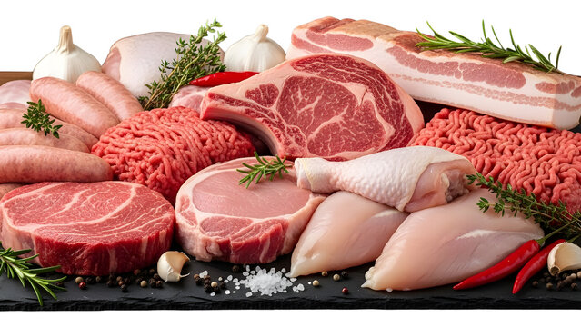 Raw fresh meat assortment including steak, chicken, pork, and bacon isolated on white background.