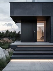Modern Minimalist Entrance with Sleek Black Door and Stone Steps