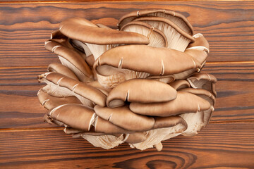 oyster mushrooms on wood background top view