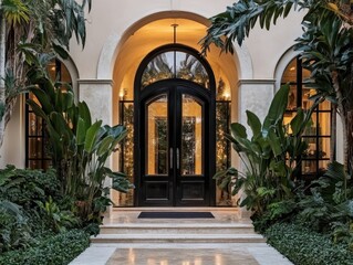 Elegant Entrance with Arched Doorway Surrounded by Lush Greenery