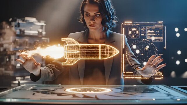 Woman launches rocket hologram from table surface. Businesswoman presents startup rocket technology. Woman with rocket launch display. Startup innovation with holographic rocket. Business launch conce