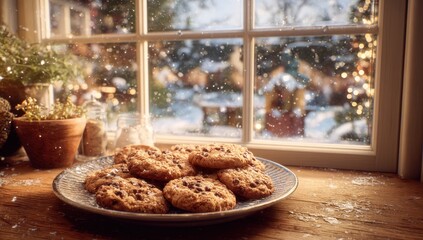 Golden Chocolate Chip Cookies on Rustic Wood by Snowy Window, Festive Outdoor Lights.