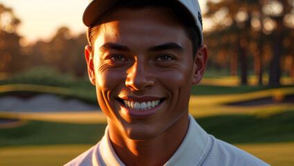 Male Golf Player Golf Course Sunset Green Grass Trees White Shirt Golf Gloves Smile Golden Skin Crinkled Eyes Teeth Warm Light Shallow Depth Realistic Portrait Outdoor Sport Cheerful Generative AI