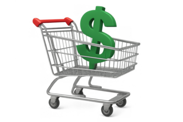 Shopping cart holding a dollar sign, representing consumerism, retail spending, online shopping, and financial investment concepts