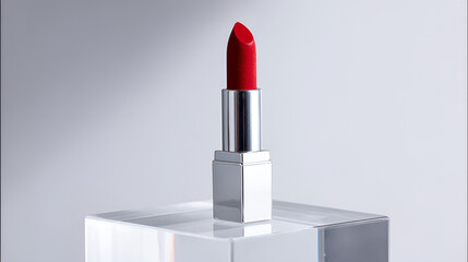 Modern red lipstick on acrylic cube isolated