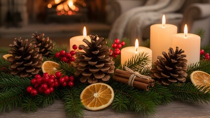 Rustic Christmas ornaments, wooden decorations, Natural Christmas decorations, pine cones and branches, cozy mood