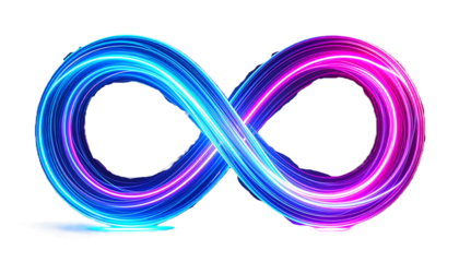 neon infinity knot with blue and pink glowing light trails isolated on white PNG cut out