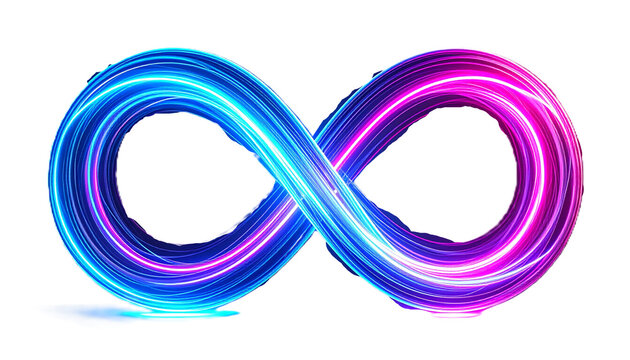 neon infinity knot with blue and pink glowing light trails isolated on white PNG cut out
