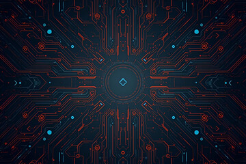 Symmetrical futuristic circuit board pattern in blue and red, high-tech electronic motherboard background for hardware and engineering.