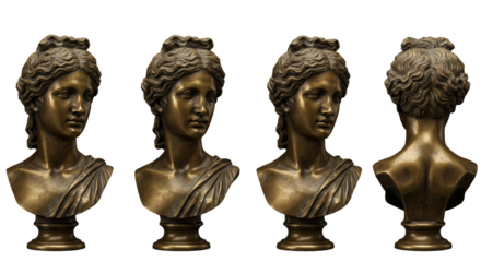 Four classical bronze busts of greek roman goddesses, wavy hair, serene expressions, polished aged patina, dark grey studio background; timeless classical art concept