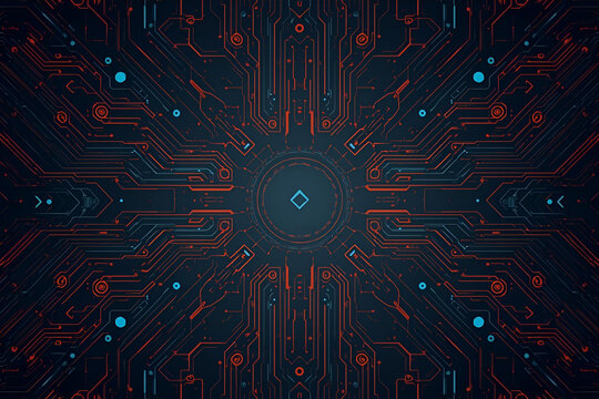 Symmetrical futuristic circuit board pattern in blue and red, high-tech electronic motherboard background for hardware and engineering. - Powered by Adobe